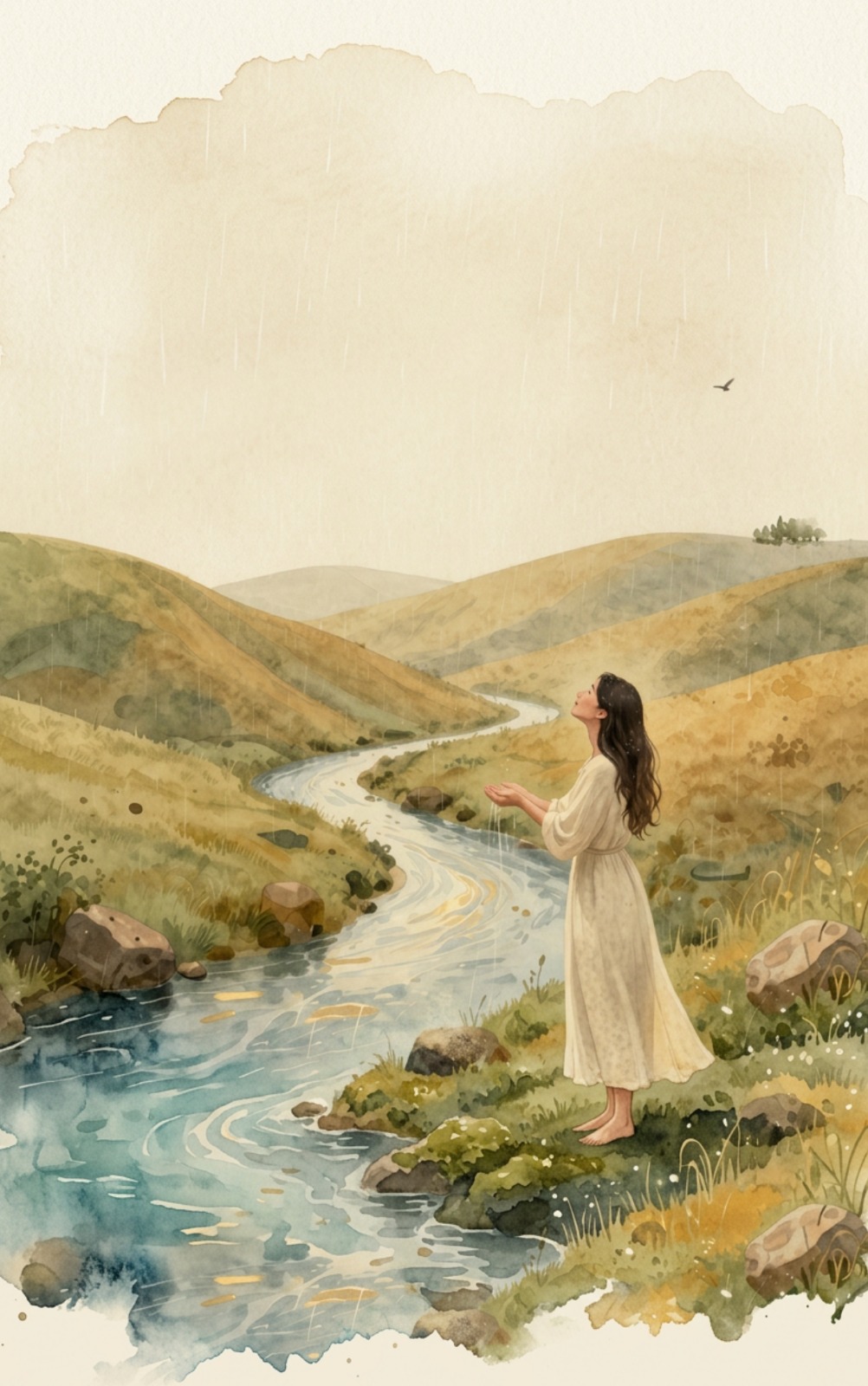 A woman receiving rain with open hands